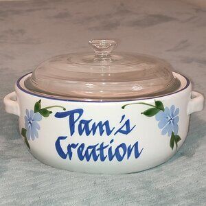 Vintage Ceramic Pot w Lid Pam Pam's Creation Bakeware Ovenware Old Glass Lid